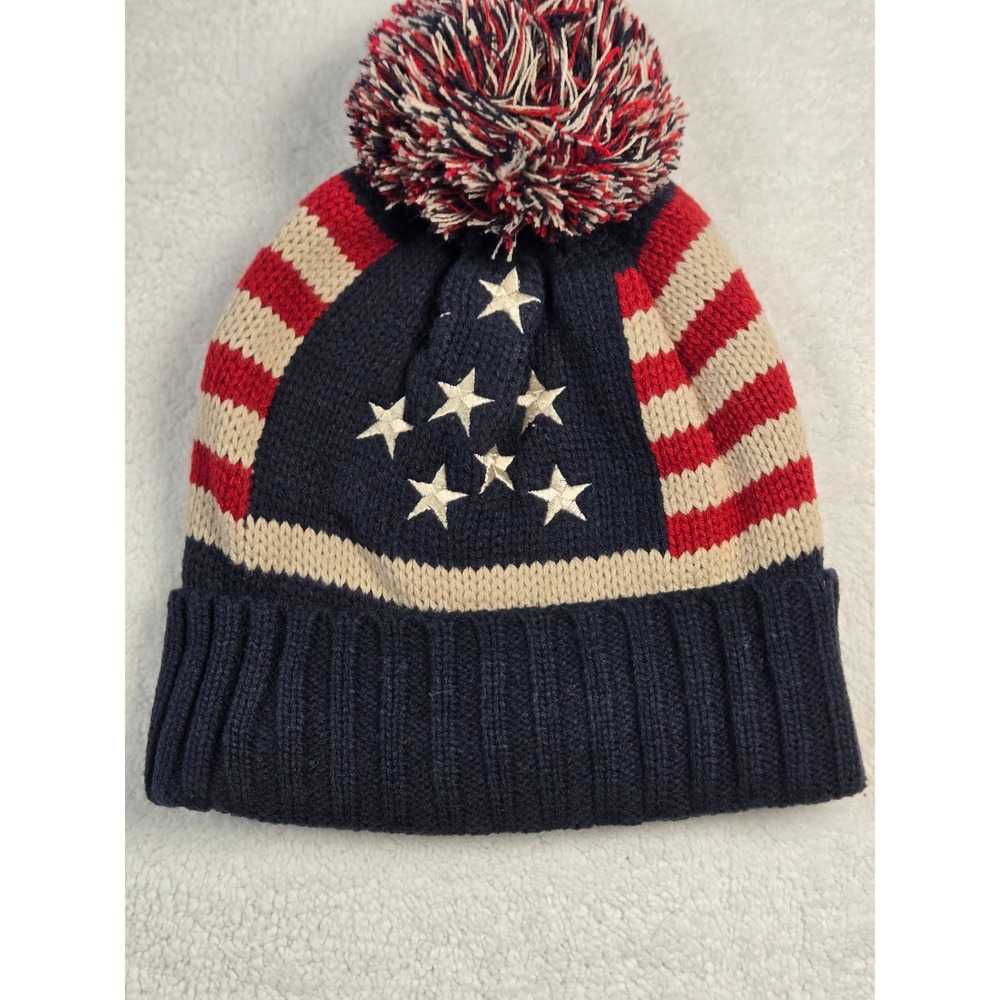 Modena American Flag Knit Pom Beanie Navy Blue Red Stars Stripes One Size